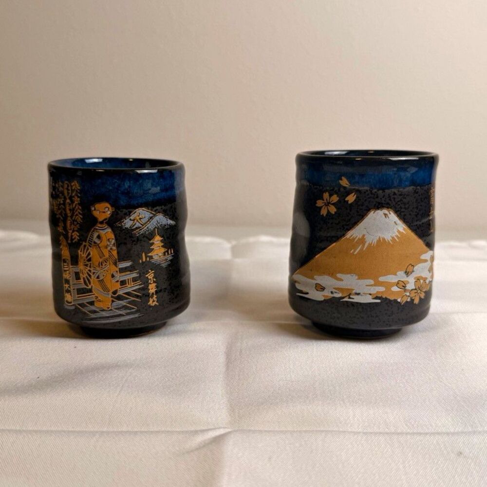 Set of 2 Japanese Ceramic Tea Cups Geisha & Mt. Fuji Glossy Blue Glazed
